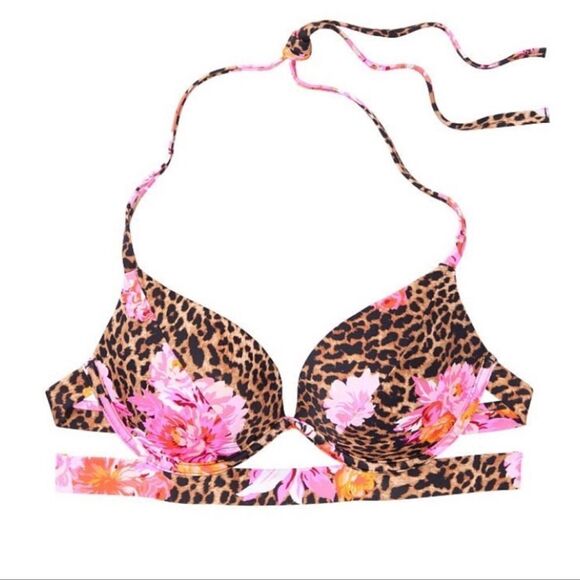 Victoria’s Secret Rosarito Push-Up Padded Halter Swim Top Cheetah Peony - Picture 1 of 3